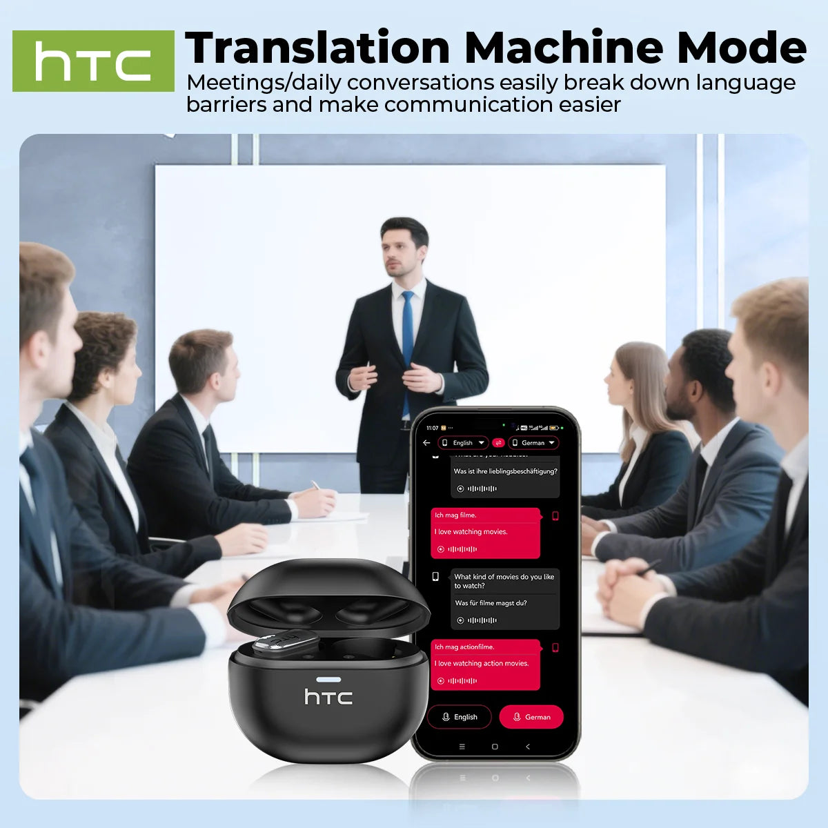 HTC translation machine mode featuring a pair of black Bluetooth earbuds and a smartphone in a meeting setting