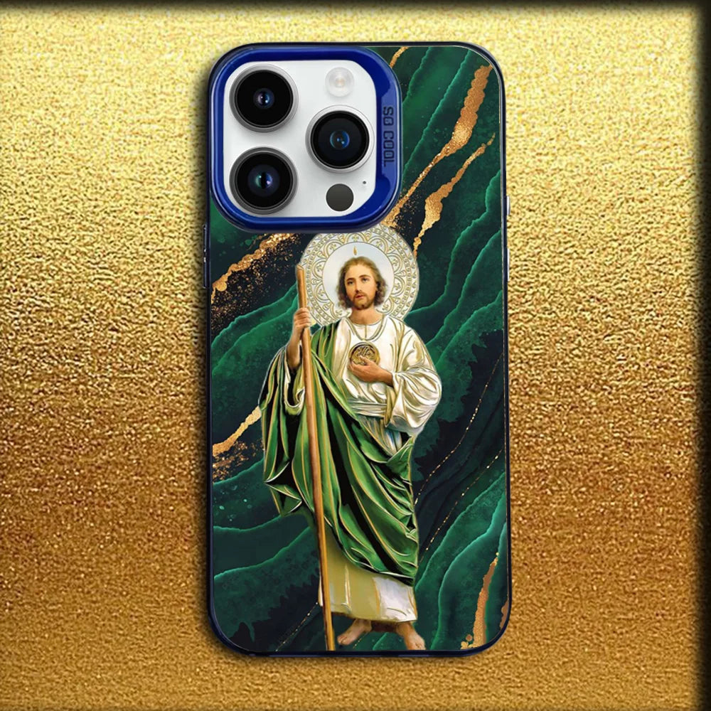 A phone case featuring a depiction of Saint Judas Tadeo with a halo on a green background.