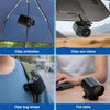 Various clips used to attach a mini fan to umbrellas, sun visors, and bag straps on a flat table.