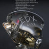 A close-up view of the KZ EDX Lite in-ear monitor, showing its transparent housing and components.
