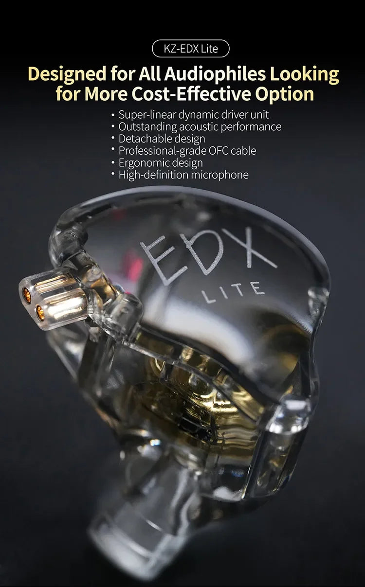 A close-up view of the KZ EDX Lite in-ear monitor, showing its transparent housing and components.