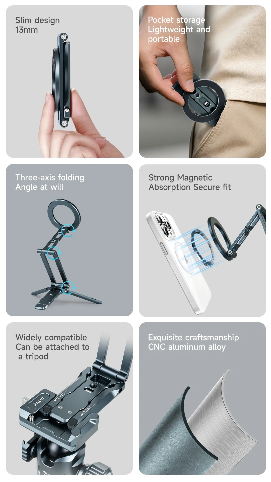 A magnetic phone tripod stand featuring a slim design, folding angle, and CNC aluminum alloy construction.