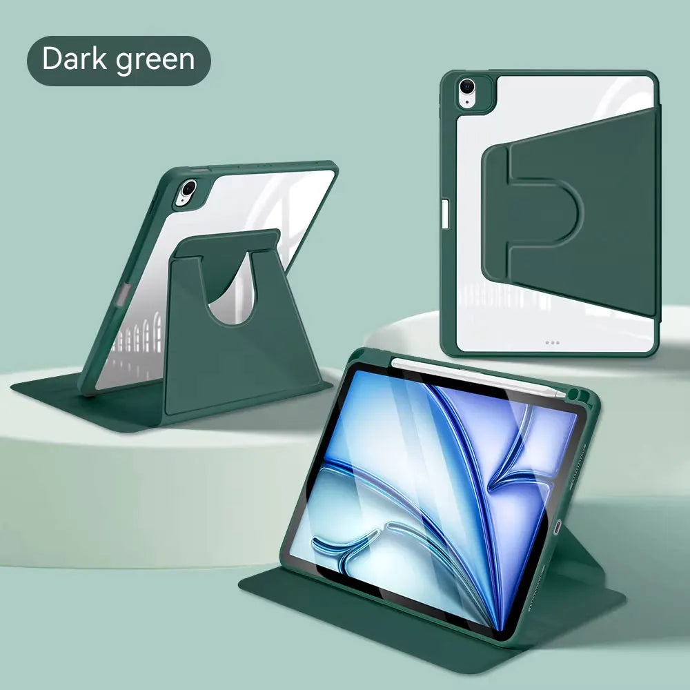 A dark green 360° rotating protective case for an iPad is shown in various angles.
