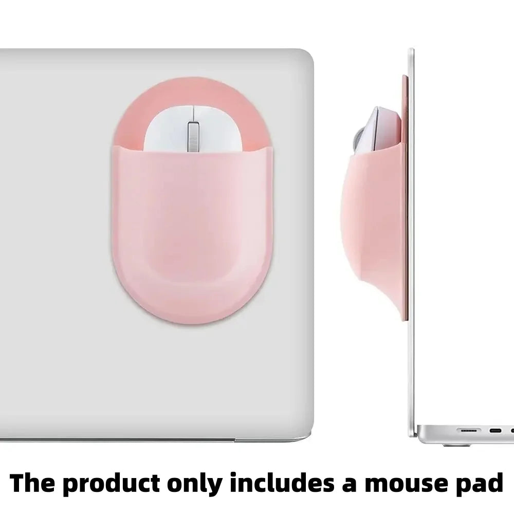 A pink slim stick-on mouse holder is shown attached to a laptop, with the mouse resting inside.