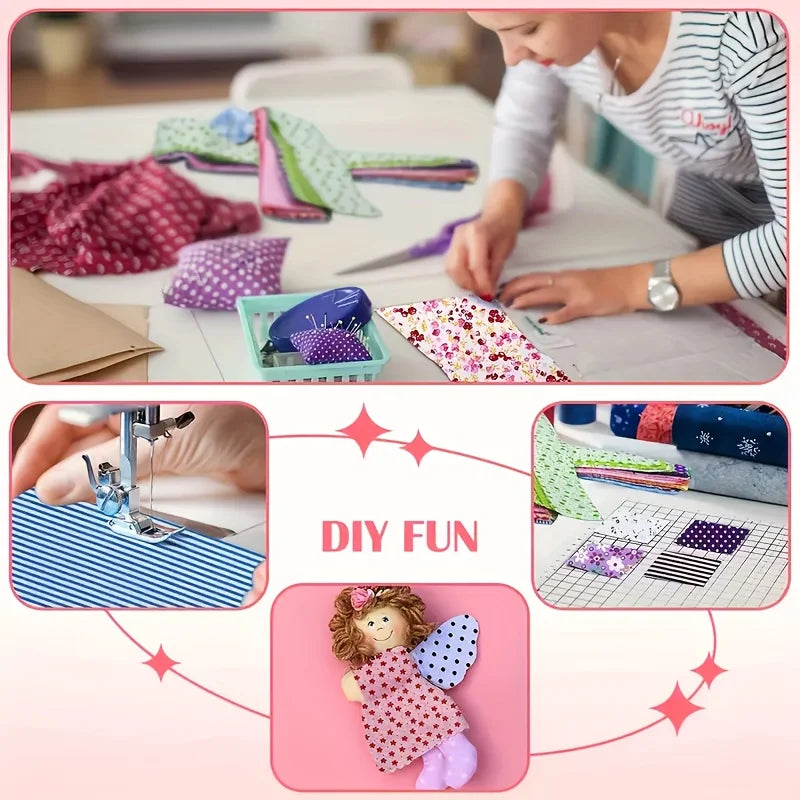 A close-up of a child sewing pink cotton patchwork fabric squares for quilting and sewing projects.