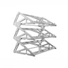 A silver metal keyboard display stand featuring a sturdy, geometric frame design.