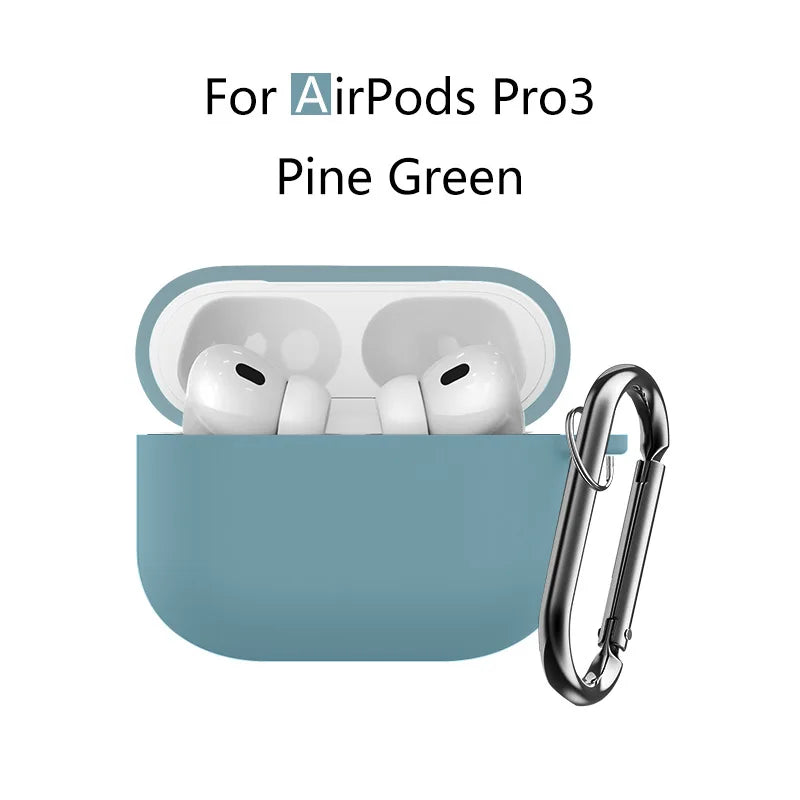A soft silicone protective case with a keychain for AirPods Pro 3 in Pine Green color.