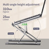 A silver aluminum laptop stand demonstrating multi-angle height adjustment with 9 levels.