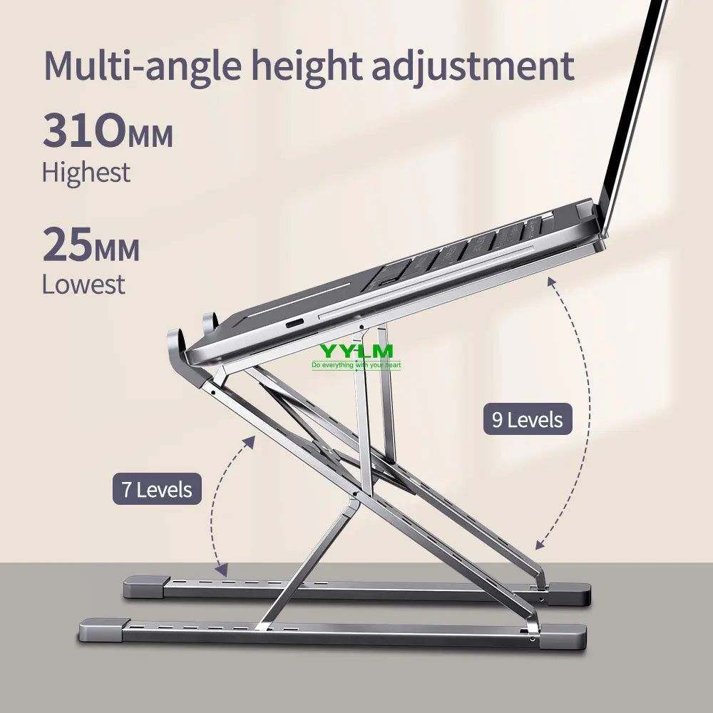 A silver aluminum laptop stand demonstrating multi-angle height adjustment with 9 levels.