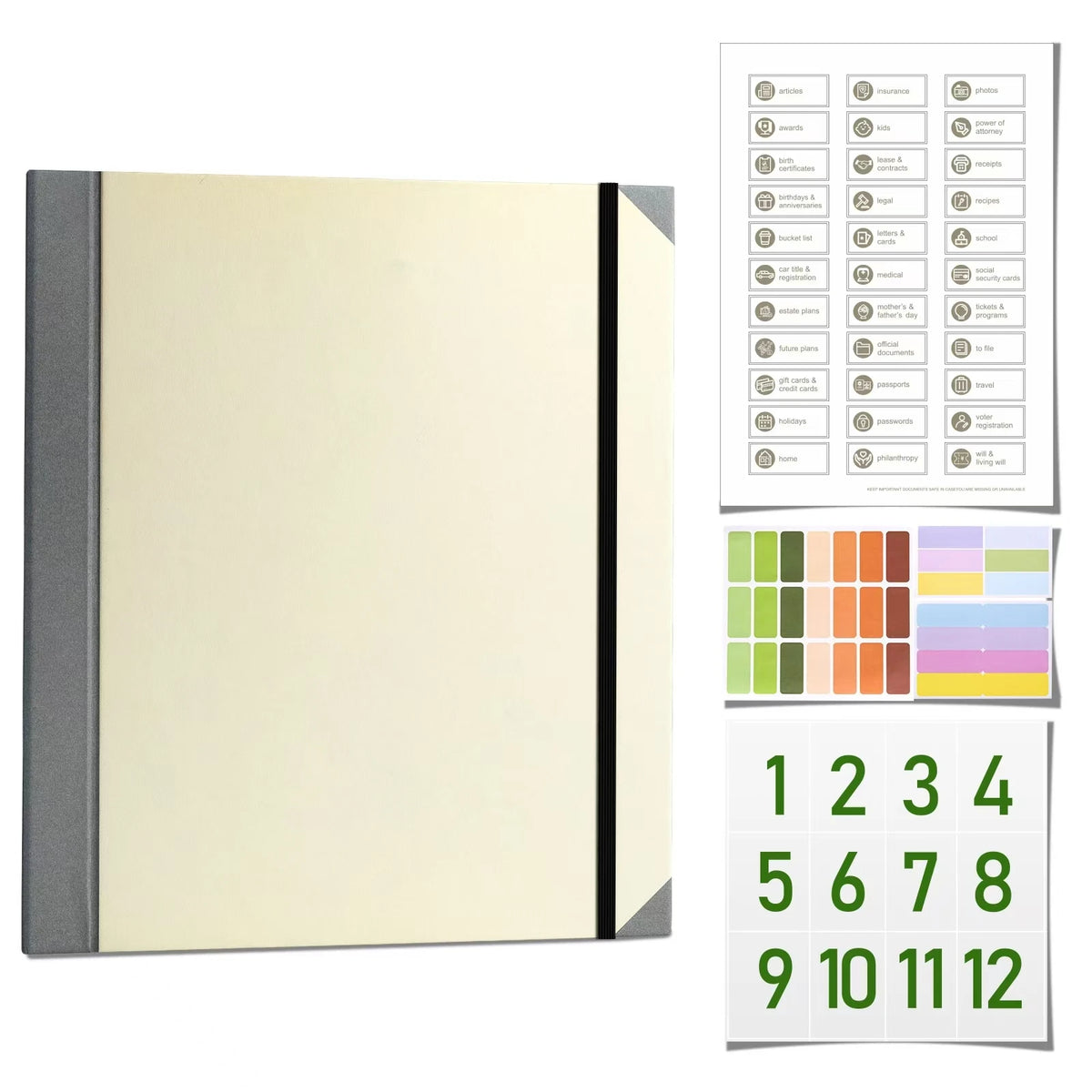 A beige expanding accordion document organizer file folder with a gray spine and accompanying index sheets.