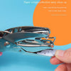 A hand holds a silver metal puncher, demonstrating how paper scraps fall from the punch base for easy cleanup.