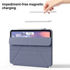 A hand holds a magnetic charging stick above a purple protective case for an Apple iPad.