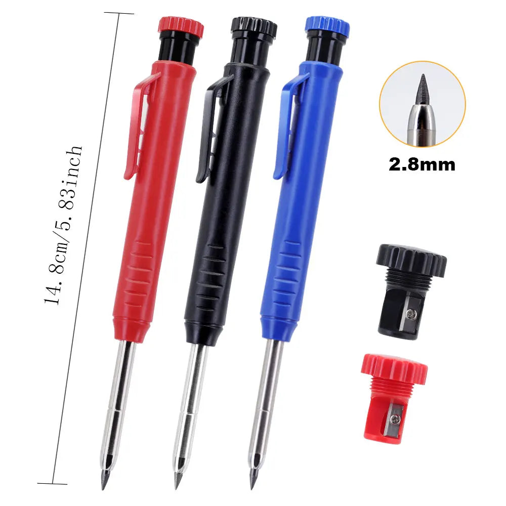 A set of three precision mechanical drawing pencils in red, black, and blue with a 2.8mm tip.