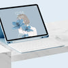 A silver magnetic keyboard case for an iPad Pro is shown open on a white marble surface.