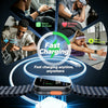 A watch charging cable is shown with a magnetic connector and a white charging base, surrounded by various scenes of people u