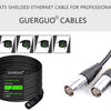 A coiled black shielded Ethernet cable with connectors shown next to individual cables.