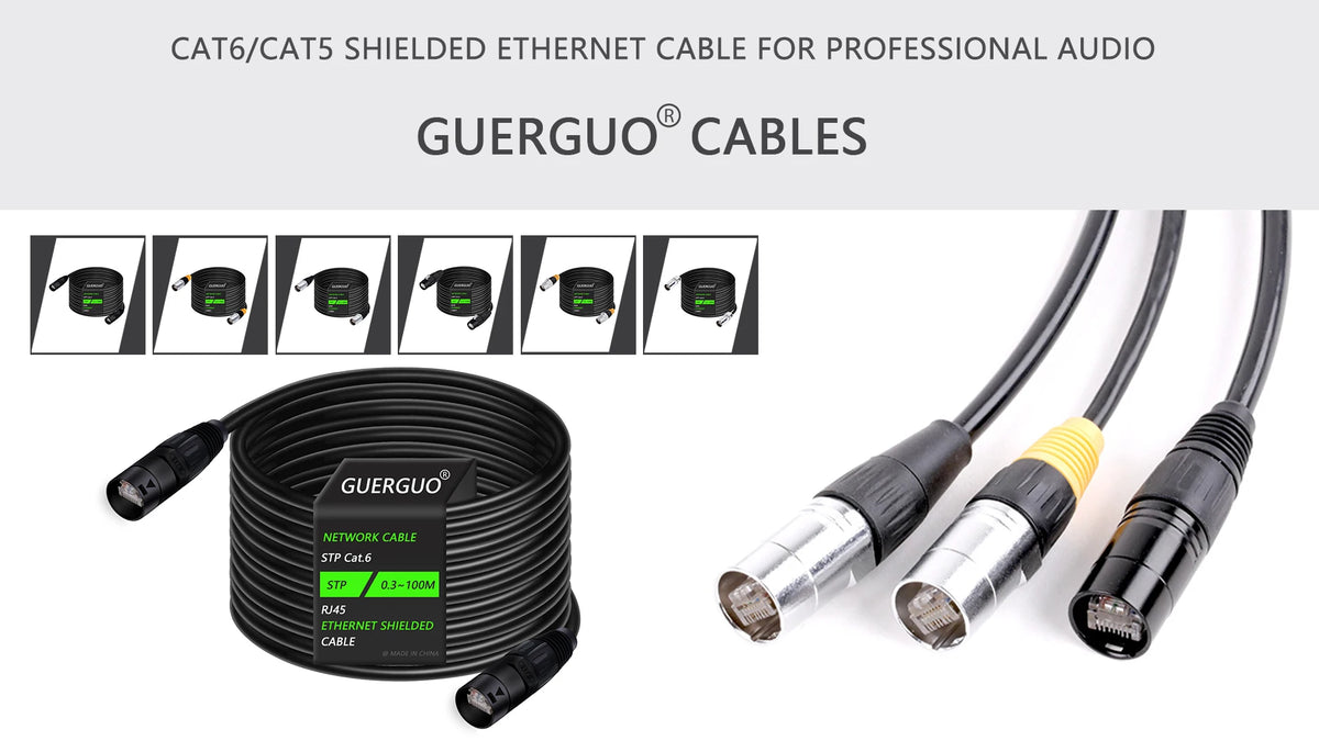 A coiled black shielded Ethernet cable with connectors shown next to individual cables.