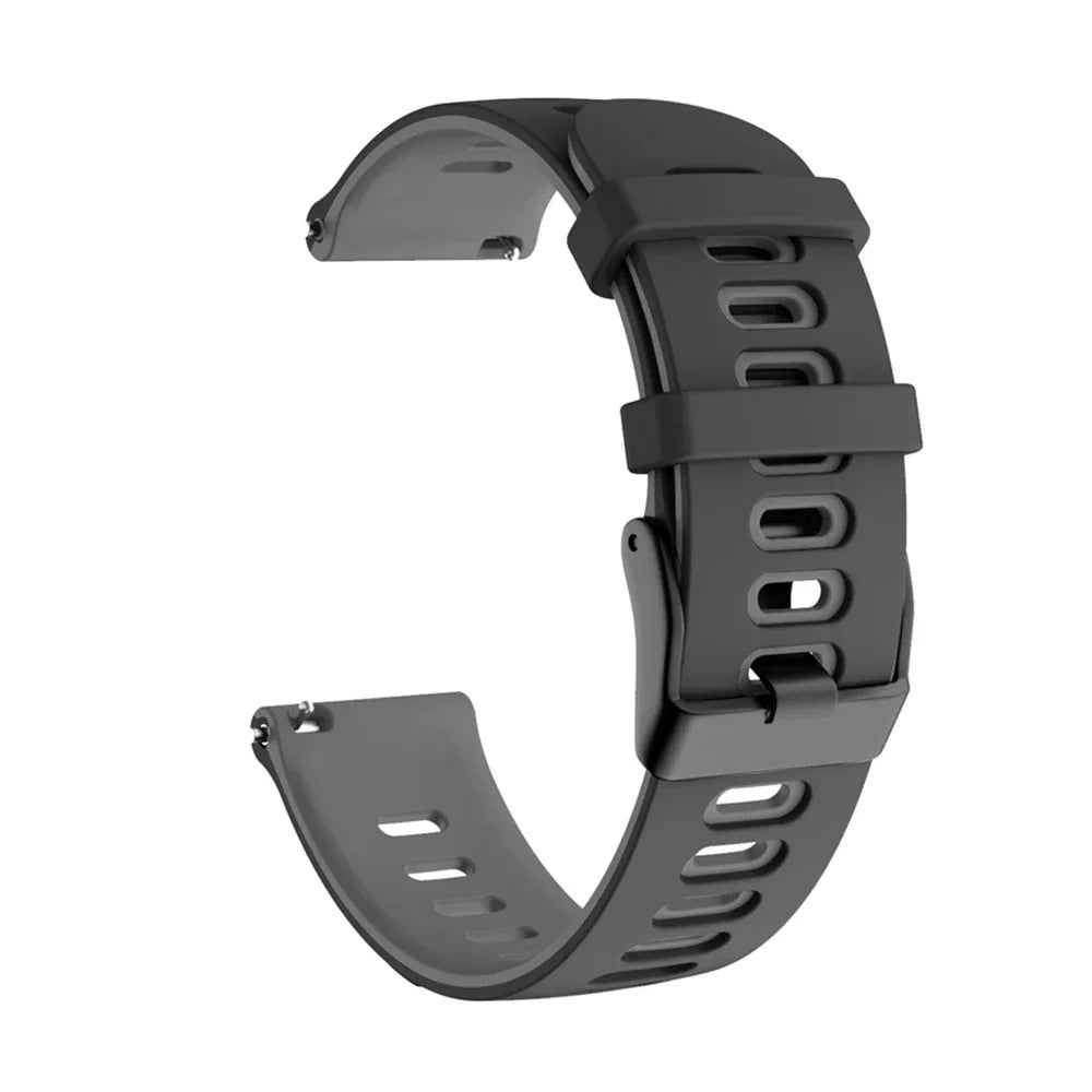 A gray silicone watch band for a smartwatch, shown from the side.