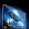 A close-up of a tablet displaying a vibrant blue sci-fi cityscape with a large moon and a futuristic ship.