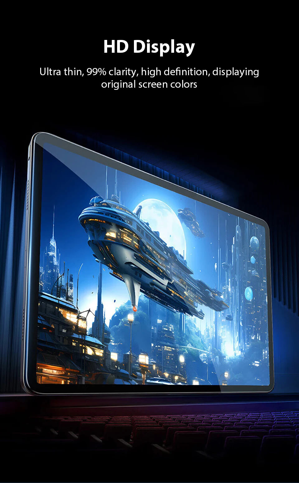 A close-up of a tablet displaying a vibrant blue sci-fi cityscape with a large moon and a futuristic ship.