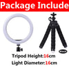 Black LED selfie ring light with a 16cm diameter and a tripod stand.
