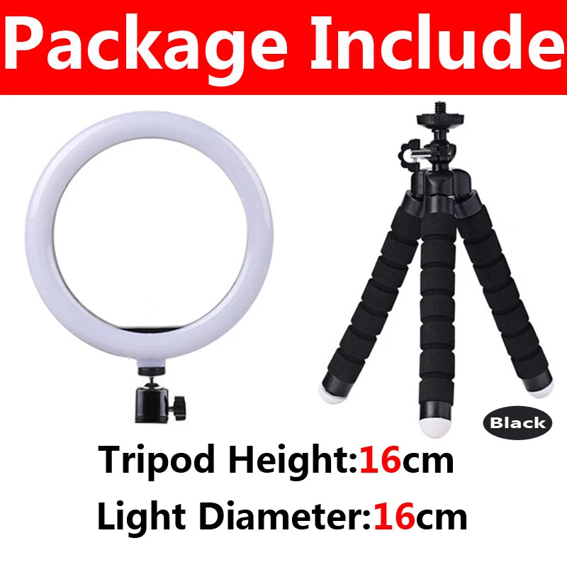Black LED selfie ring light with a 16cm diameter and a tripod stand.