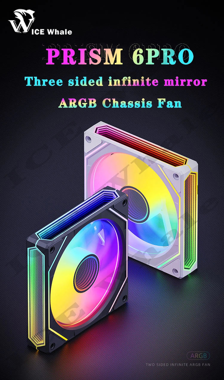 لقطة مقربة لمروحة هيكل prism 6pro ARGB بتصميم مرآة لا نهائية ثلاثية الجوانب.