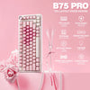 A pink mechanical keyboard with a layout knob design is shown next to its clear, elegant stand.