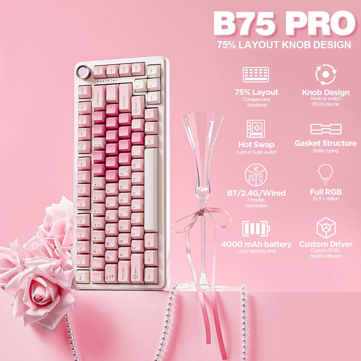A pink mechanical keyboard with a layout knob design is shown next to its clear, elegant stand.