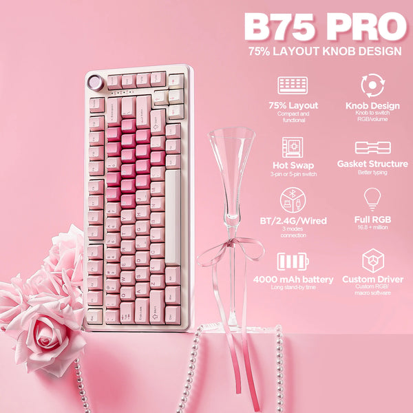 A pink mechanical keyboard with a layout knob design is shown next to its clear, elegant stand.