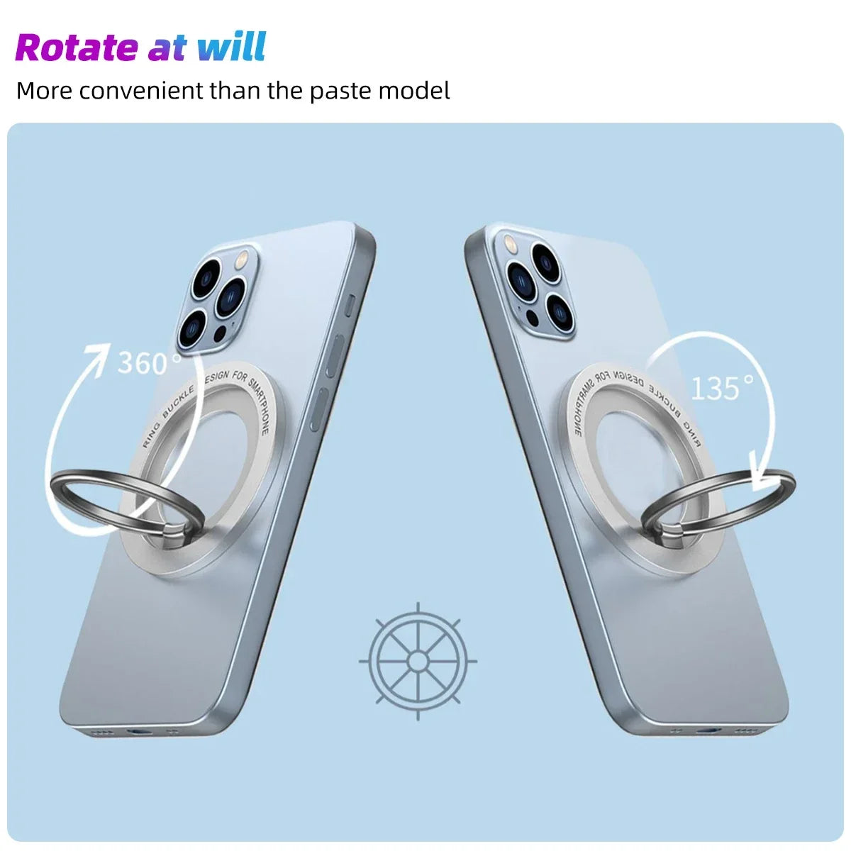 A silver magnetic phone holder stand for an iPhone showing 360 and 135 degree rotation capabilities.