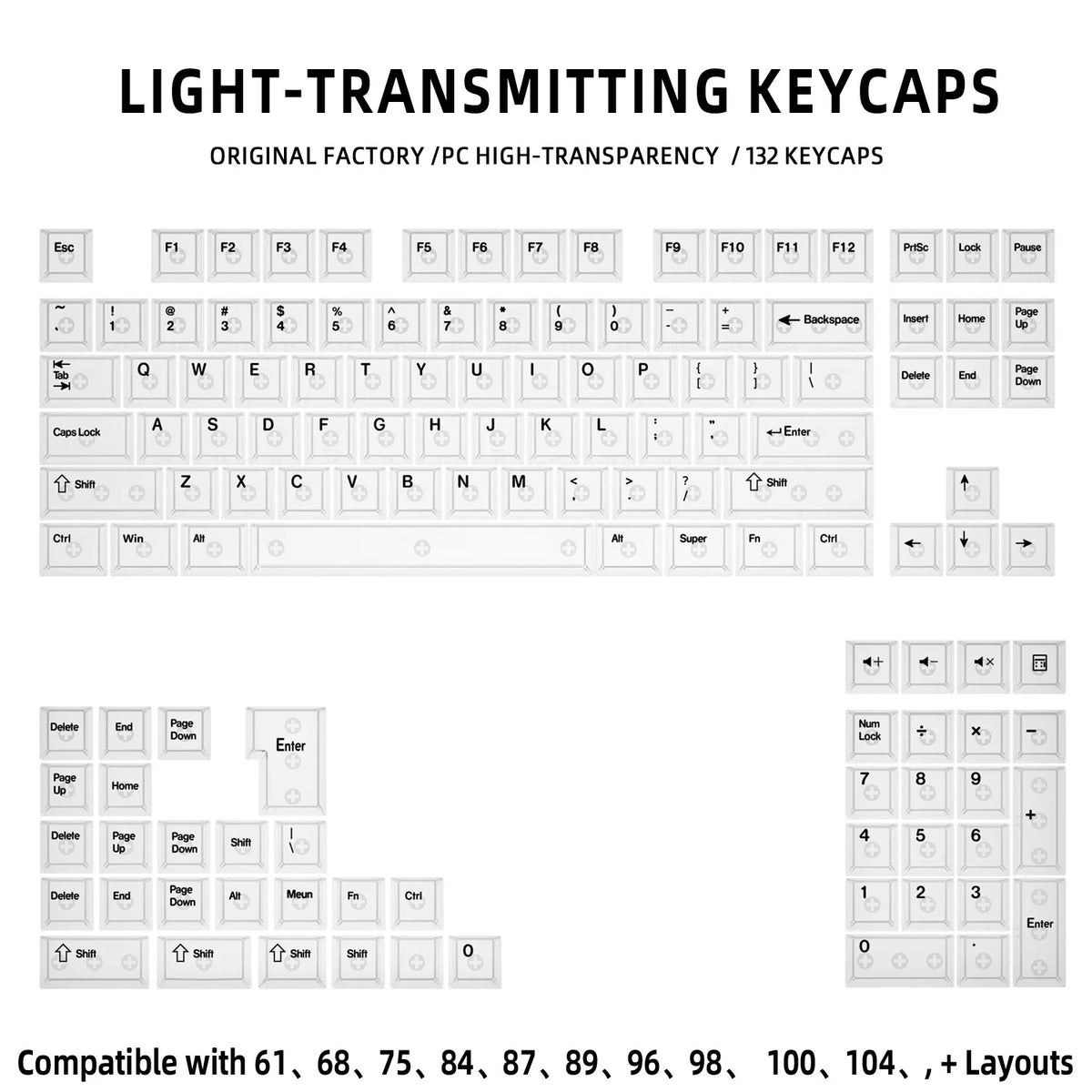 Light-transmitting keycaps for a mechanical keyboard featuring various function and alphanumeric keys.