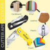 A collection of various materials like cardboard, vinyl, leather, plastic, and foam are shown next to a set of yellow and sil