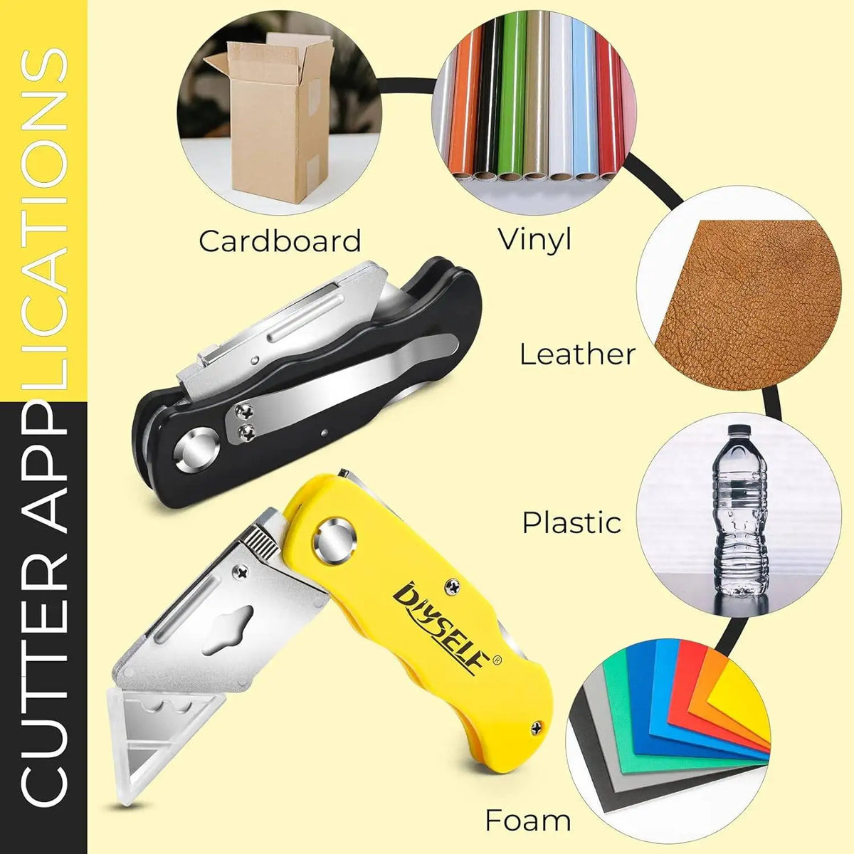 A collection of various materials like cardboard, vinyl, leather, plastic, and foam are shown next to a set of yellow and sil