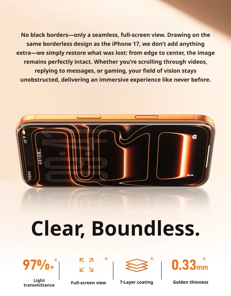 An orange-colored smartphone displaying a seamless, full-screen view with a clear, boundless design.