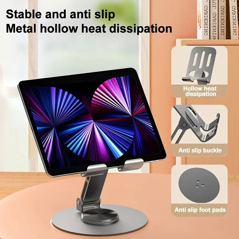 Une tablette noire est soutenue par un support métallique conçu pour la dissipation thermique et une prise antidérapante.