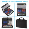 A black multi-compartment fireproof organizer file folder shown in various open and closed views.