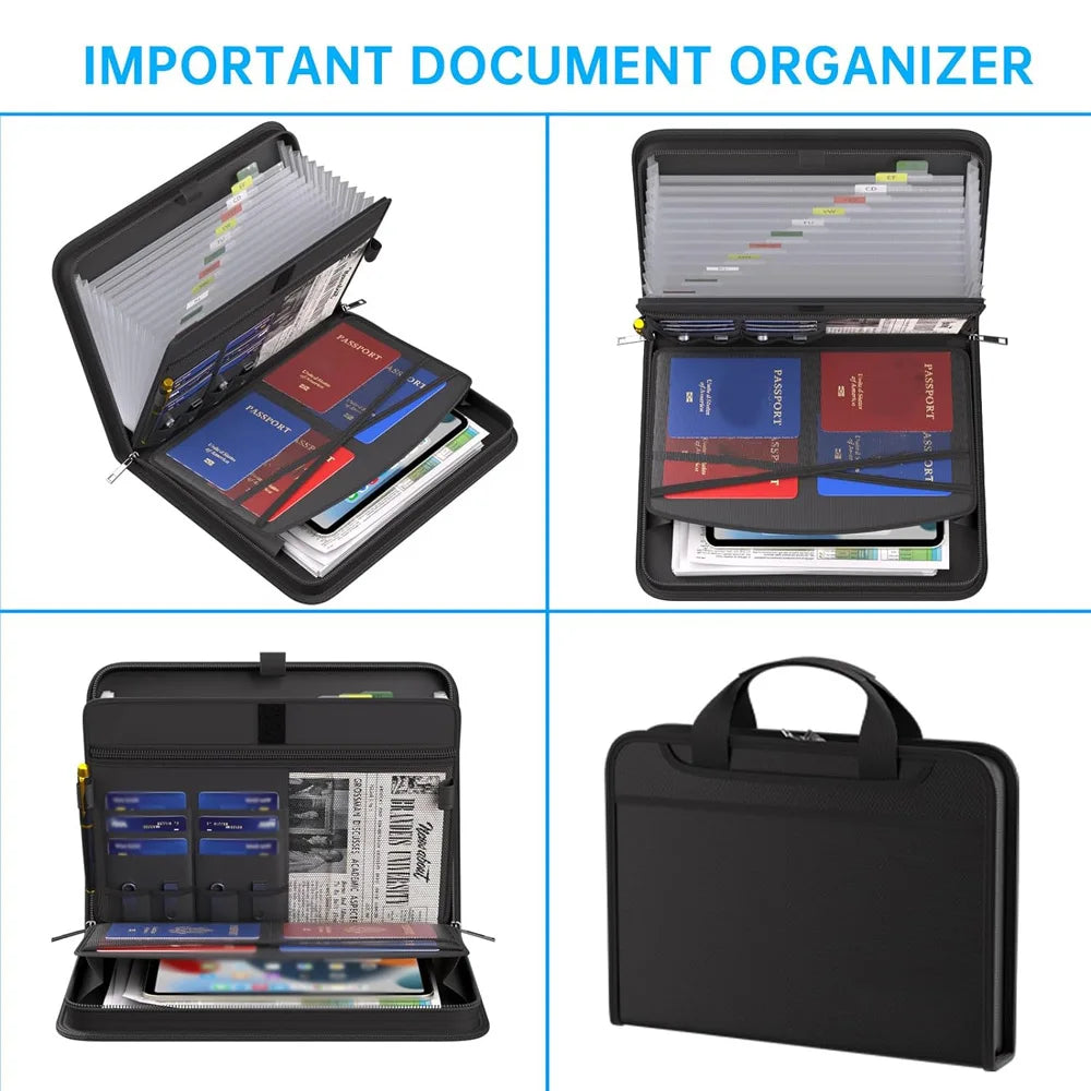 A black multi-compartment fireproof organizer file folder shown in various open and closed views.