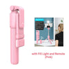 Pink extendable Bluetooth selfie stick with fill light and remote control