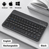 Schwarze drahtlose Bluetooth-Tastatur neben Symbolen für Android, iOS und Windows Betriebssysteme