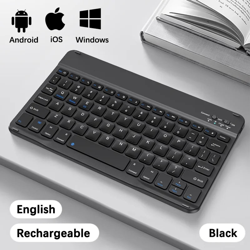 Schwarze drahtlose Bluetooth-Tastatur neben Symbolen für Android, iOS und Windows Betriebssysteme