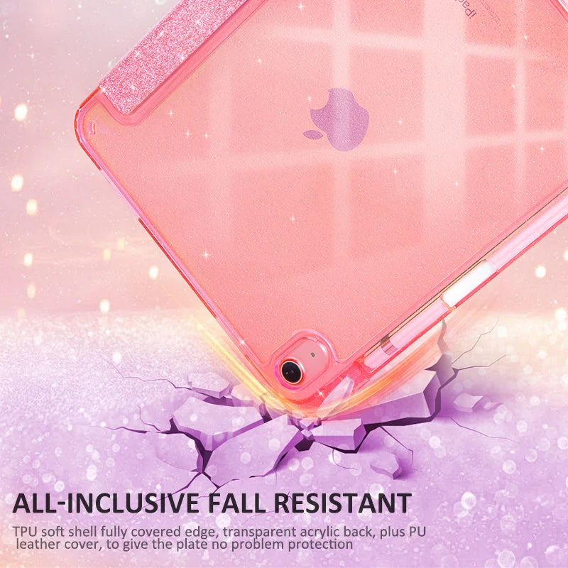 A pink glittery protective stand cover for an iPad showing a cracked screen effect.