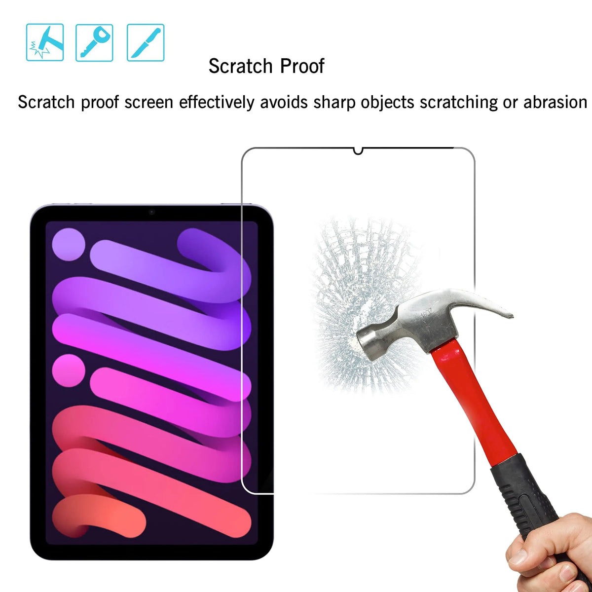 A hand holds a red hammer near a tablet screen demonstrating scratch proof protection.
