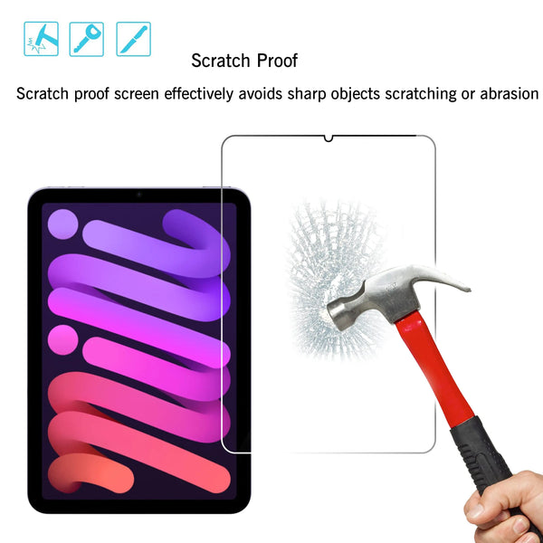 A hand holds a red hammer near a tablet screen demonstrating scratch proof protection.