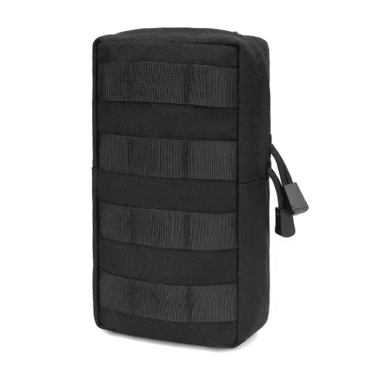 Black tactical MOLLE utility pouch with ribbed fabric and a black strap.
