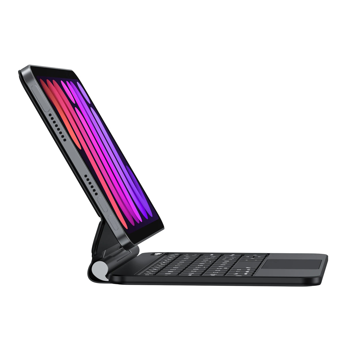 Estuche de teclado mágico retroiluminado para iPad Mini mostrando una tableta con pantalla de luz colorida y teclado desmonta