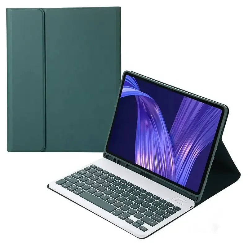 Dunkelgräbermagnetisches Leder-Keyboard-Etui für ein Apple iPad neben dem geöffneten Tablet