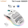 A white gaming mouse with a perforated design and blue RGB lighting is shown next to its charging cable and BT5.3 adapter.