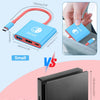 A compact blue USB-C hub with a red cable is shown next to a larger black adapter, demonstrating its portability.