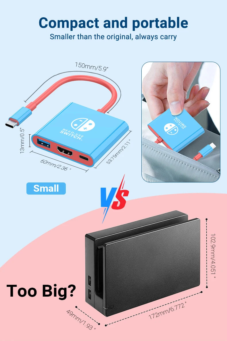 A compact blue USB-C hub with a red cable is shown next to a larger black adapter, demonstrating its portability.